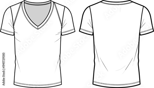 Men's V-Neck Short Sleeve T-Shirt Technical Fashion Flat Sketch Illustration