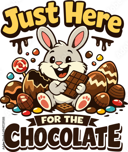 Adorable cartoon Easter bunny happily munching on chocolate bar, surrounded by chocolate-dipped eggs, candies, lollipops and dripping chocolate effects. 