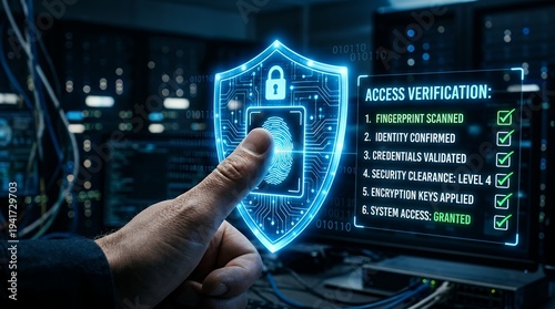 In a cinematic style, a hand completes biometric access verification as digital data streams animate across a high-tech server room; camera smoothly pans, highlighting cybersecurity technology.