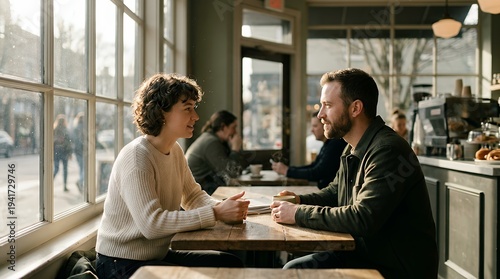 Cozy caf? conversation unfolds as sunlight streams through large windows, with gentle ambient motion outside; camera smoothly pans across the scene capturing a warm, cinematic atmosphere.