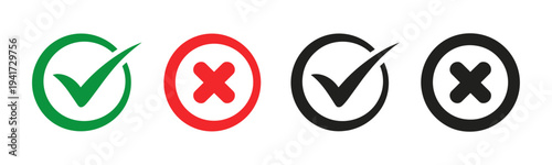 Check mark and cross mark icons. Green and red circles. Check tick and x cross symbols for validation, confirmation, checklist signs, approval badge. Flat modern checkmark design. Vector illustration