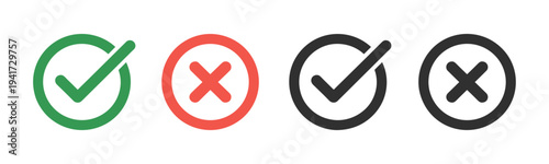 Check mark and cross mark icons. Green and red circles. Check tick and x cross symbols for validation, confirmation, checklist signs, approval badge. Flat modern checkmark design. Vector illustration