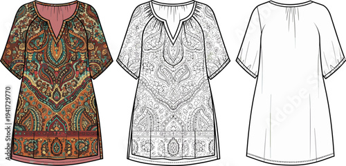 Paisley Print Boho Tunic Dress Flat Fashion Sketch Illustration Set