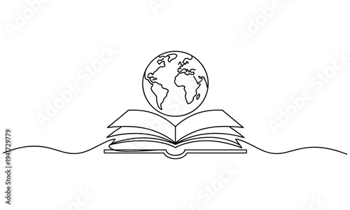 Open book with a globe centered above its pages symbolizing education and global knowledge sharing in a simple outline design