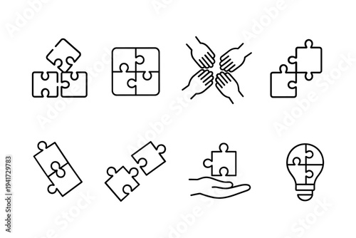 Puzzle and teamwork icon set. Thin line editable stroke icons for solution finding, collaboration, integration, ideas, innovation, strategy, and shared goals