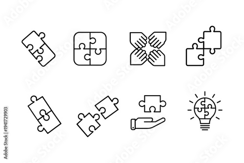 Puzzle and teamwork icon set. Thin line editable stroke icons for solution finding, collaboration, integration, ideas, innovation, strategy, and shared goals