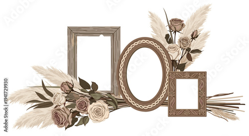Three empty picture frames, including one oval and two rectangular, are artfully surrounded by fluffy pampas grass, delicate roses, and slender branches.