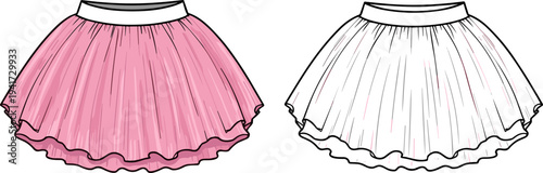 Pink Tulle Tutu Skirt Flat Vector Illustration, Girls Ballet Skirt Technical Fashion Sketch