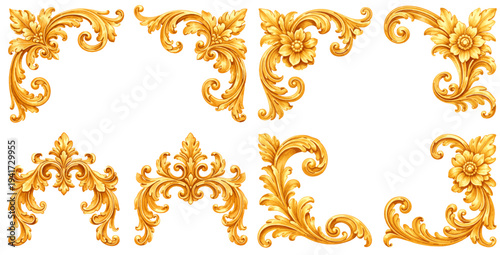 Photos A charming watercolor collection of decorative gold corner ornaments featuring elegant baroque floral scroll designs in a classic vintage style