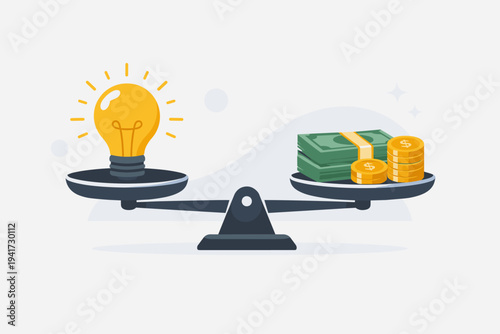 Flat vector illustration of a balanced scale with a glowing light bulb and money, symbolizing the value of creative ideas, innovation, business investment, and monetization of inspiration.