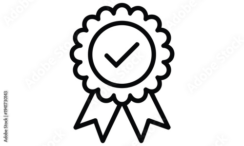 Simple black and white rosette icon with check mark symbolizing approval or verification in a minimalist design suitable for various applications.