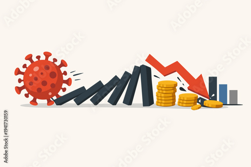 Vector illustration of COVID-19 virus causing a domino effect on the global economy, leading to a financial crisis, market crash, and recession with falling coins and a downward red arrow.
