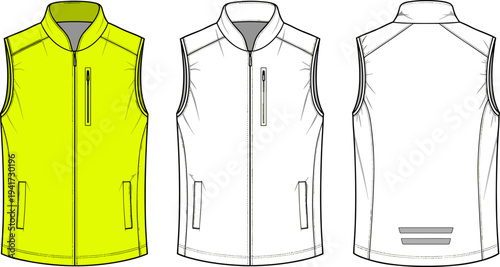 Sleeveless Vest Jacket Front and Back View Flat Vector Mockup Template for Sports or Safety Apparel Design