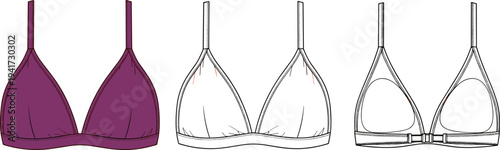 Triangle Bralette Lingerie Technical Sketch, Purple Bikini Top Flat Vector Illustration
