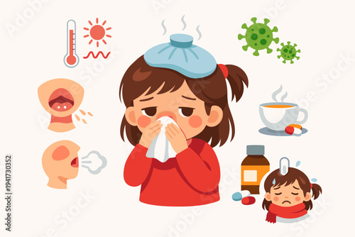 Little girl with symptoms of viral infection, flu, or common cold, featuring fever, cough, sore throat, runny nose, and headache, with medical icons like thermometer, pills, and virus particles.