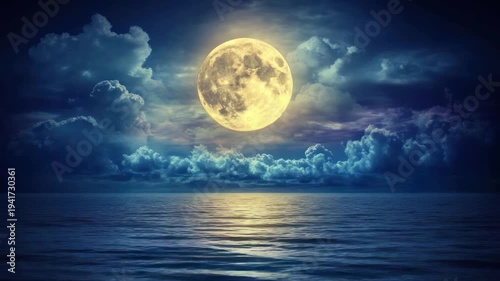 A full moon glows above a tranquil ocean, framed by fluffy clouds. Reflections dance on the water