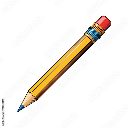 A yellow pencil with a red eraser on a white background