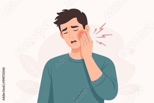 Young man suffering from severe toothache holding his swollen red cheek in pain, flat vector illustration of dental health problems, sensitive teeth, oral hygiene issues, and tooth decay symptoms.