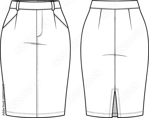 Women High Waisted Pencil Skirt Fashion Technical Flat Sketch Template Vector Illustration