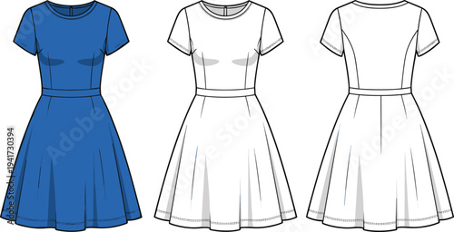 Women Short Sleeve Flare Dress Fashion Technical Sketch, A-Line Skater Dress Flat Vector Illustration
