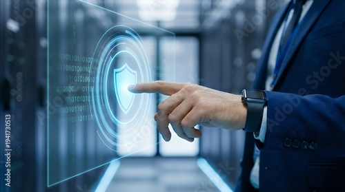 Business professional interacts with futuristic digital security interface in a sleek server room; the camera pans smoothly as holographic elements animate in a cinematic style.