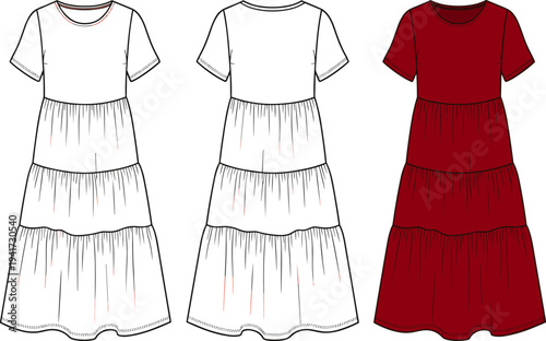 Women Short Sleeve Tiered Maxi Dress Fashion Technical Flat Sketch Template Vector Illustration
