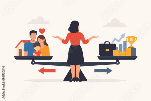 Flat Vector Illustration of a Woman Balancing Work and Life, Choosing Between Family and Professional Career Success on a Scale, Concept of Work-Life Balance, Motherhood, Ambition, and Priorities
