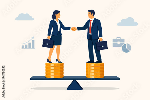Businesswoman and businessman shaking hands on equal stacks of gold coins balanced on a scale, representing gender equality, equal pay for equal work, fair compensation, and professional success.