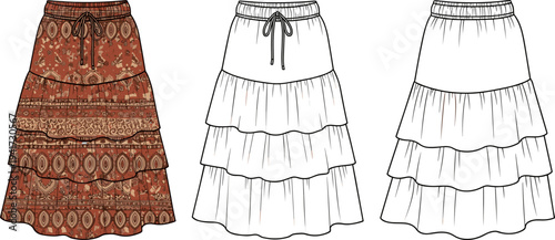 Women Tiered Maxi Skirt with Drawstring Fashion Technical Flat Sketch Template Vector Illustration