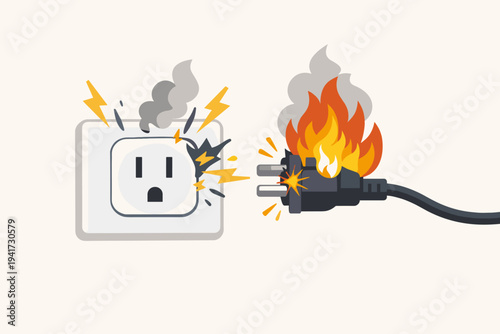 Vector Illustration of a Faulty Electrical Outlet and Plug on Fire from a Short Circuit, Representing Danger, Hazard, and Fire Safety Risk in a Home or Office Setting with Sparks and Smoke