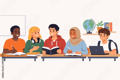 Diverse International Group of Students Studying Together in a Classroom Setting, Multiracial Teenagers Learning with Books and Laptop, Flat Vector Illustration for Education and School Ads