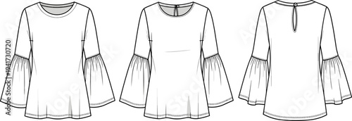 Women's Bell Sleeve Blouse Technical Flat Sketch Vector Illustration Front and Back View