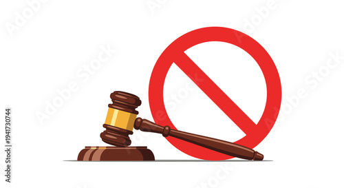 A traditional wooden judge's gavel rests on its sound block next to a large red prohibition sign with a diagonal line on a white background.