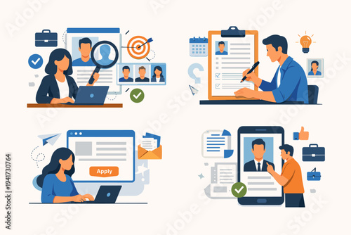 Recruitment Process Vector Set: HR Managers Searching for Candidates, Applicants Writing CVs, Online Job Applications, and Talent Acquisition Concepts for Career Growth and Employment Hiring.