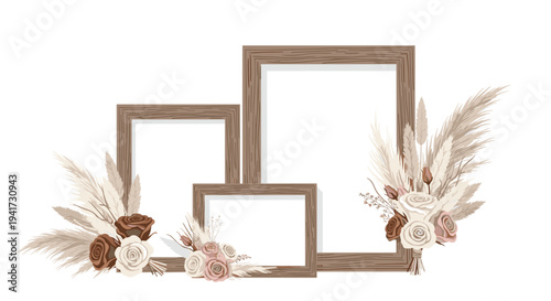 Three rustic wooden photo frames of varying sizes are adorned with two large bouquets of pampas grass and roses on a white background.