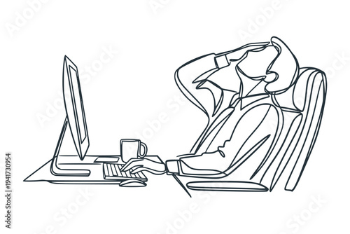 One line drawing of office worker leaning back at computer on white background, conveying burnout and workplace fatigue. Professional burnout syndrome.