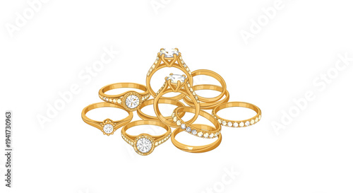 A sparkling collection of ten distinct golden engagement rings and wedding bands with various diamond settings are piled on a white surface.