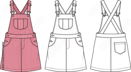 Women's Pinafore Overall Skirt Technical Flat Sketch Vector Illustration Front and Back View