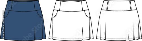 Women's Tennis Skort Technical Sketch, Front and Back View Activewear Fashion Flat Illustration