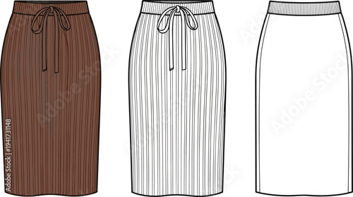 Women's Ribbed Midi Skirt with Drawstring Technical Flat Sketch Vector Illustration
