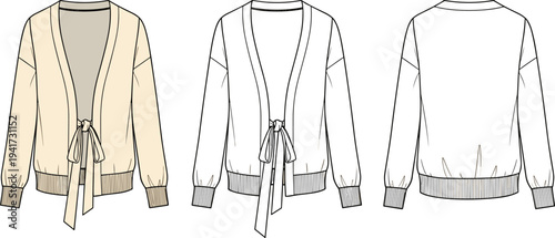 Women's Tie-Front Cardigan Flat Vector Illustration, Long Sleeve Knit Sweater Technical Sketch