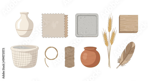 A diverse array of nine natural and craft-related items, including a vase, basket, and wheat stalks, is neatly arranged on a white surface.