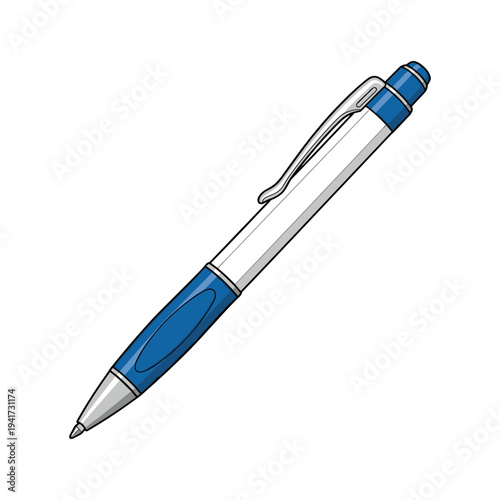 A blue and white ballpoint pen with a clip