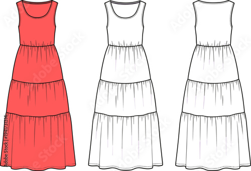 Women's Tiered Maxi Dress Flat Vector Illustration, Sleeveless Summer Sundress Technical Sketch