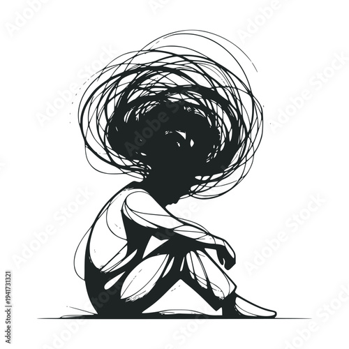 Silhouette of seated figure with chaotic scribble style lines overhead in monochrome on white background symbolizing stress