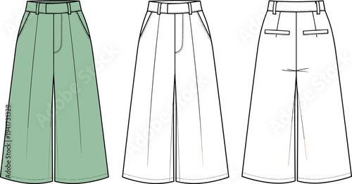 Women's Wide Leg Culottes Flat Vector Illustration, Fashion Trousers Technical Sketch Set