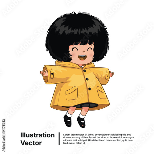 A young girl happily jumping in a yellow raincoat, viewed from front