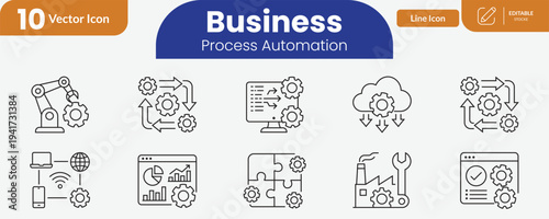 Business process automation line icon set representing robotic arm with gear, workflow, data integration, cloud processing, and various automation elements