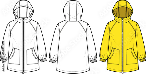 Yellow Hooded Raincoat Jacket Technical Flat Sketch Illustration for Kids and Adults