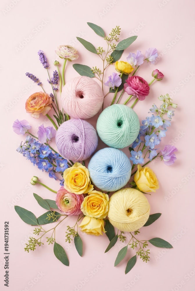 Fototapeta premium Creative flat lay arrangement of pastel yarn balls and fresh spring flowers on a pink background.